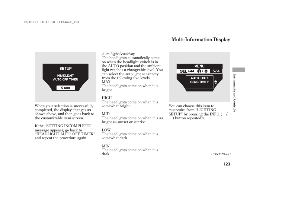 Multi-information display | Acura 2014 TL - Owner's Manual User Manual | Page 129 / 653