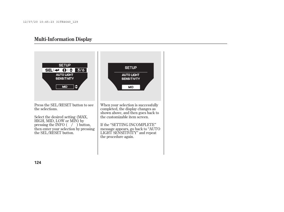 Multi-information display | Acura 2014 TL - Owner's Manual User Manual | Page 130 / 653