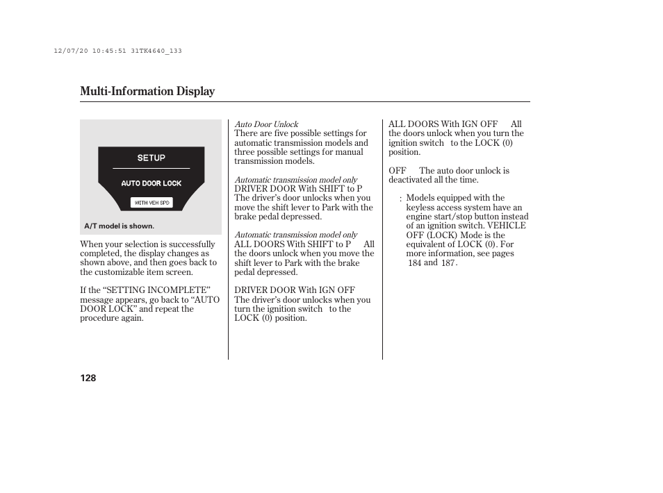 Multi-information display | Acura 2014 TL - Owner's Manual User Manual | Page 134 / 653