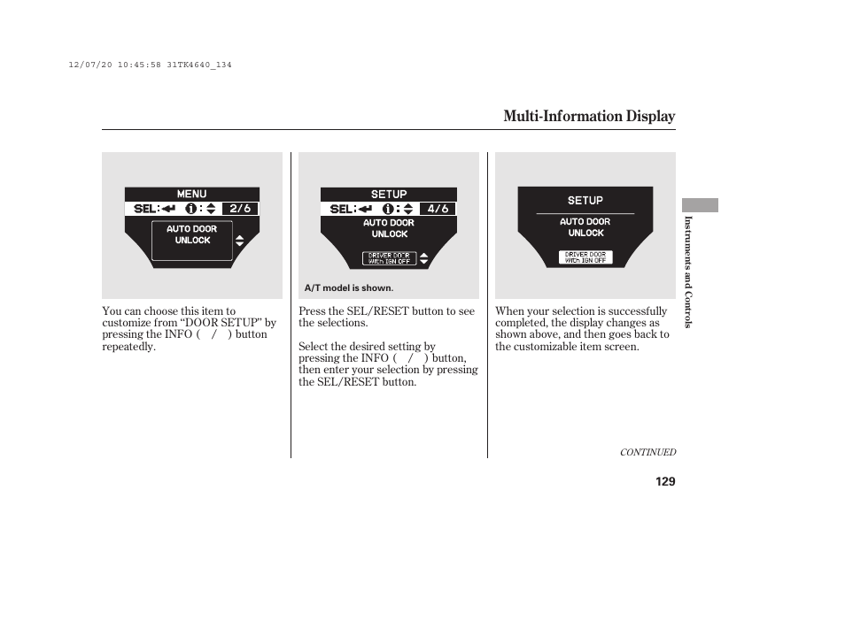 Multi-information display | Acura 2014 TL - Owner's Manual User Manual | Page 135 / 653