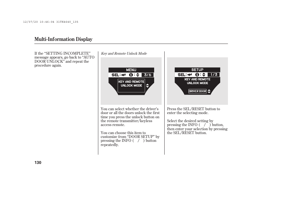 Multi-information display | Acura 2014 TL - Owner's Manual User Manual | Page 136 / 653