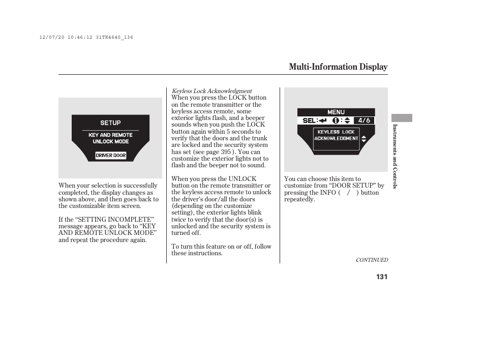 Multi-information display | Acura 2014 TL - Owner's Manual User Manual | Page 137 / 653