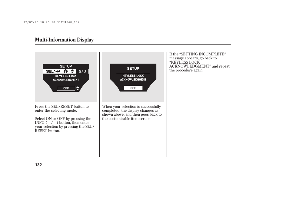 Multi-information display | Acura 2014 TL - Owner's Manual User Manual | Page 138 / 653