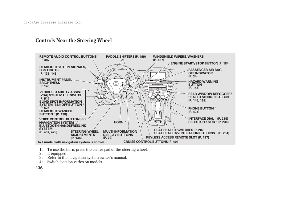 Controls near the steering wheel | Acura 2014 TL - Owner's Manual User Manual | Page 142 / 653