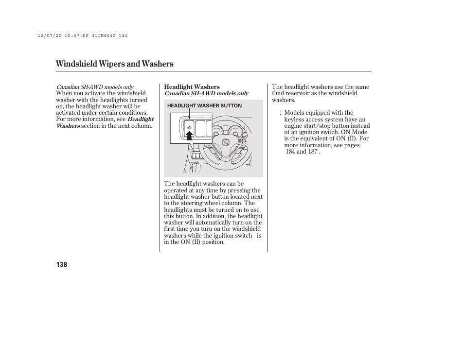 Windshield wipers and washers | Acura 2014 TL - Owner's Manual User Manual | Page 144 / 653