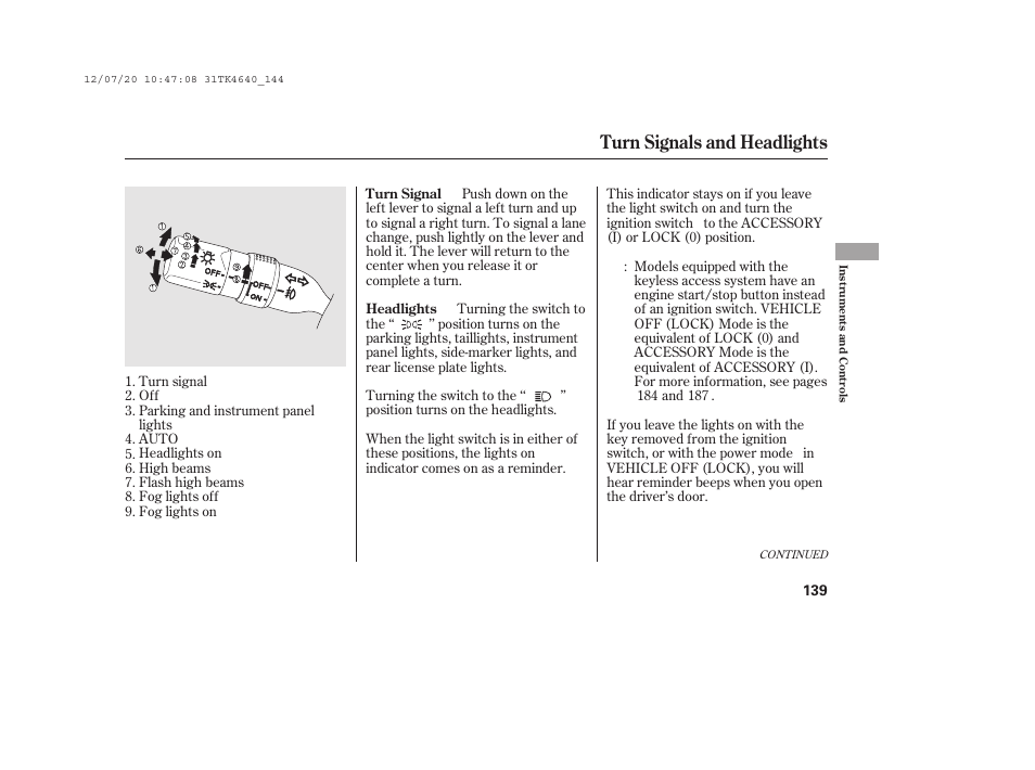 Turn signals and headlights | Acura 2014 TL - Owner's Manual User Manual | Page 145 / 653