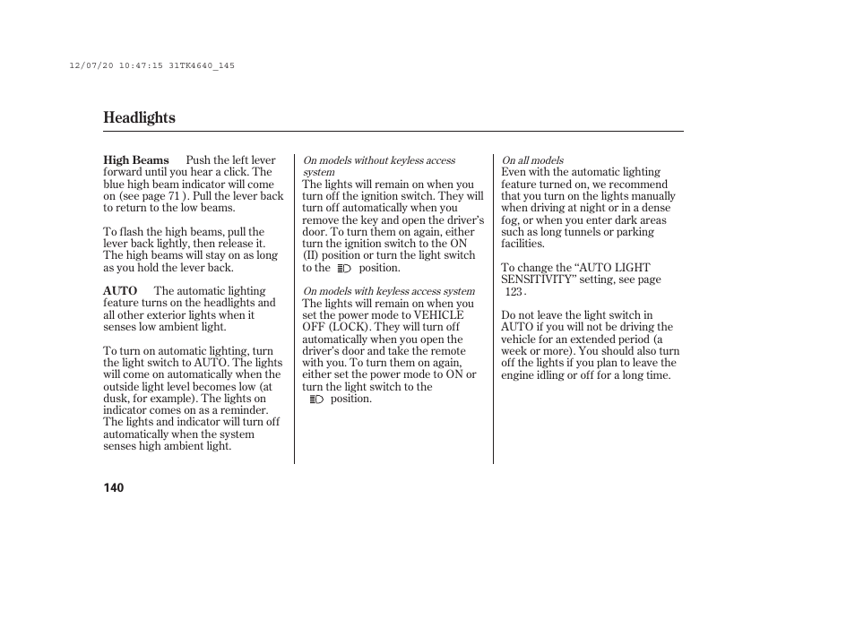 Headlights | Acura 2014 TL - Owner's Manual User Manual | Page 146 / 653