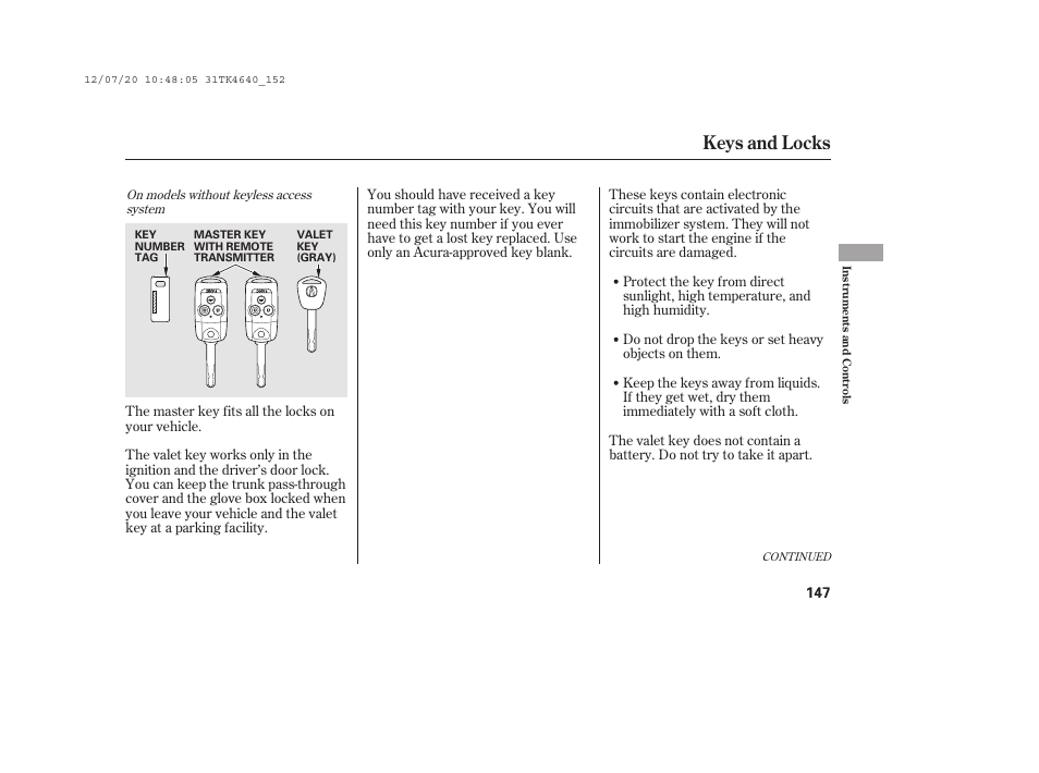 Keys and locks | Acura 2014 TL - Owner's Manual User Manual | Page 153 / 653