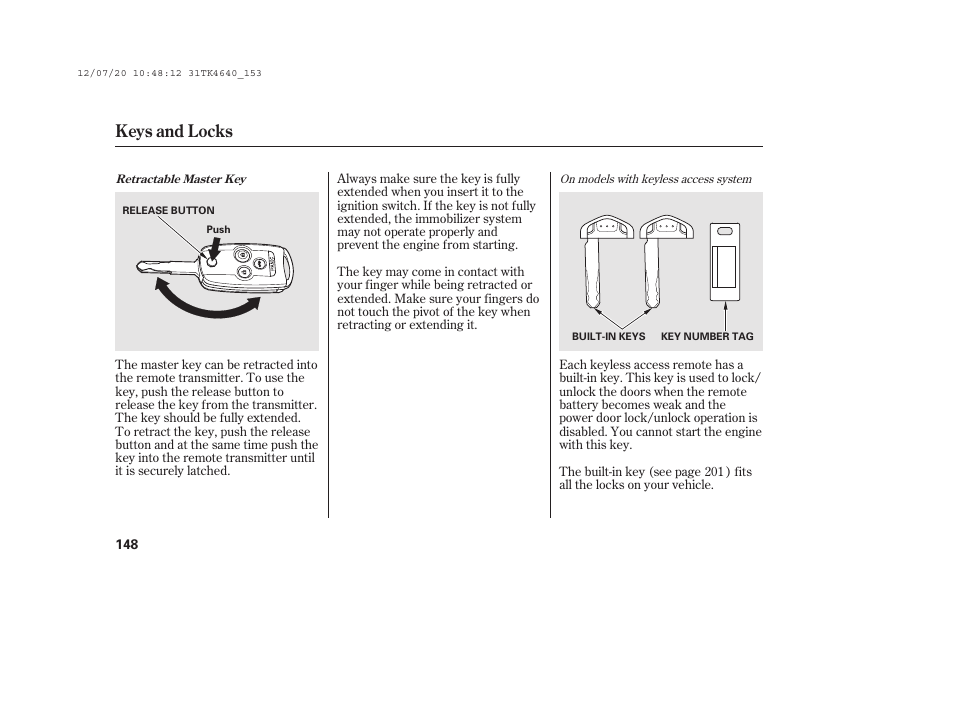 Keys and locks | Acura 2014 TL - Owner's Manual User Manual | Page 154 / 653