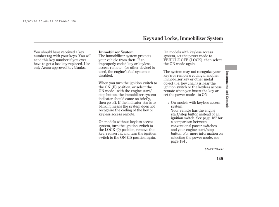 Keys and locks, immobilizer system | Acura 2014 TL - Owner's Manual User Manual | Page 155 / 653