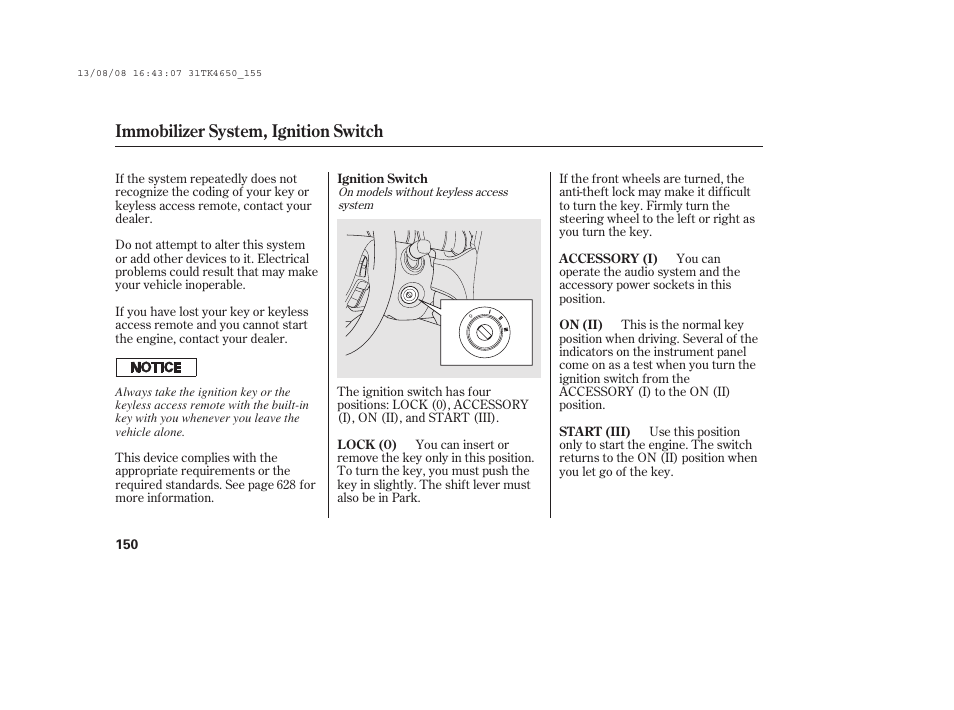 Immobilizer system, ignition switch | Acura 2014 TL - Owner's Manual User Manual | Page 156 / 653