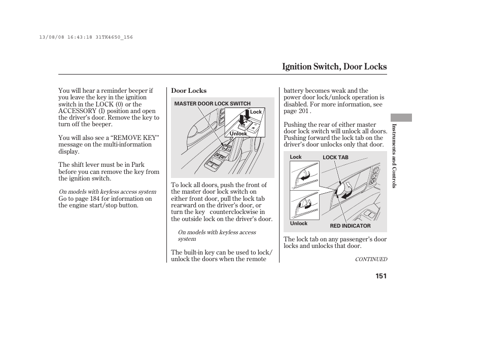 Ignition switch, door locks | Acura 2014 TL - Owner's Manual User Manual | Page 157 / 653