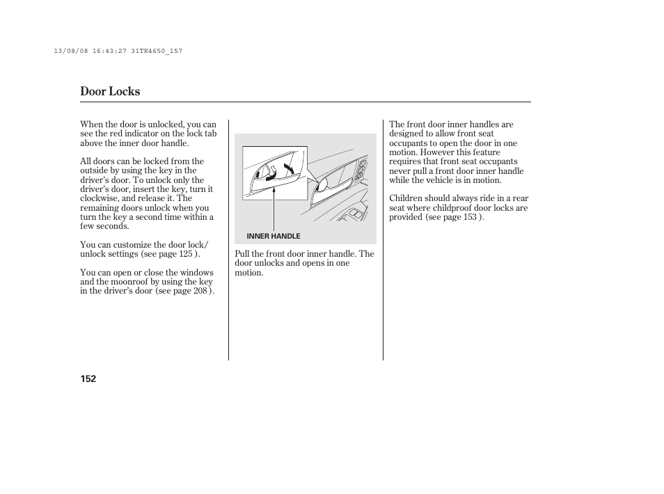 Door locks | Acura 2014 TL - Owner's Manual User Manual | Page 158 / 653