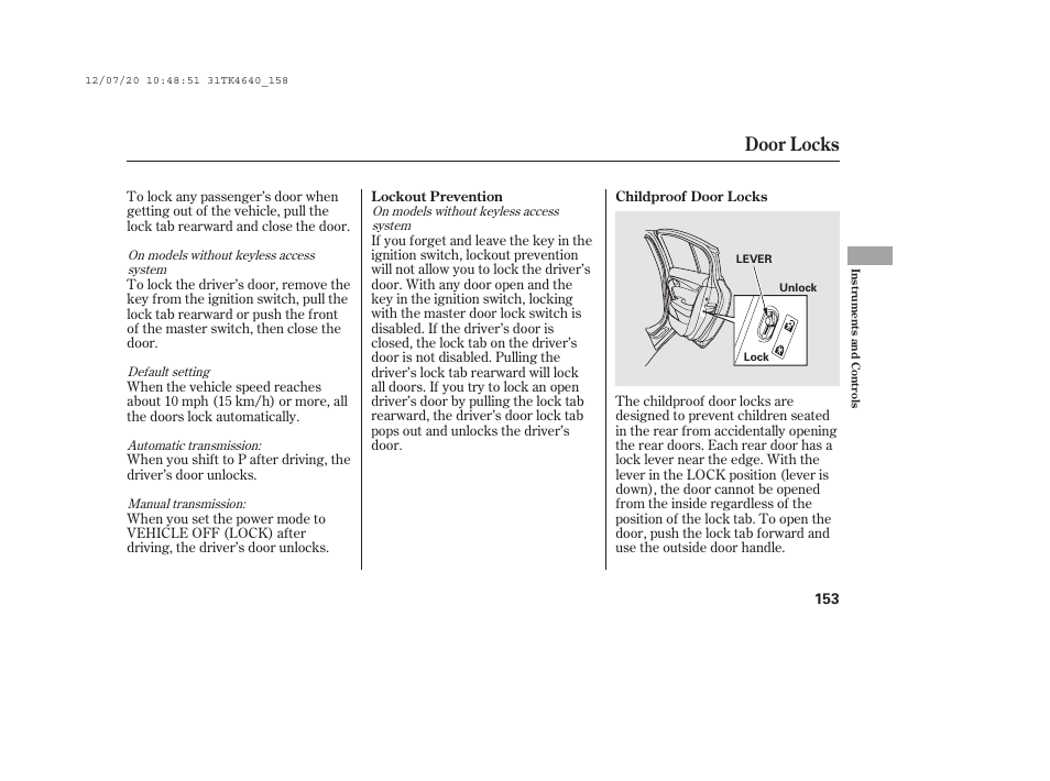 Door locks | Acura 2014 TL - Owner's Manual User Manual | Page 159 / 653