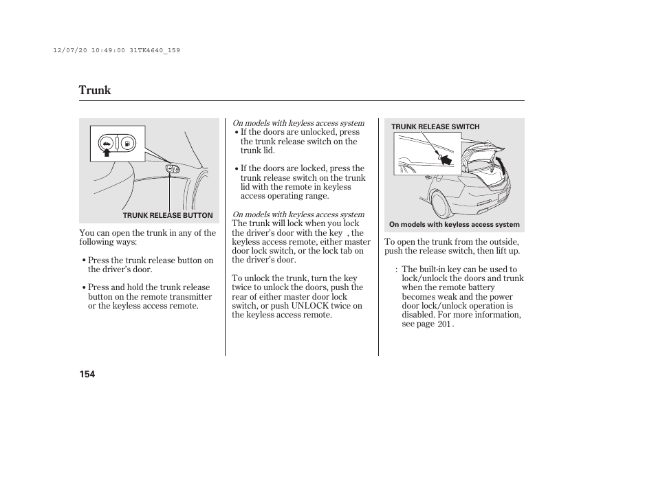 Trunk | Acura 2014 TL - Owner's Manual User Manual | Page 160 / 653