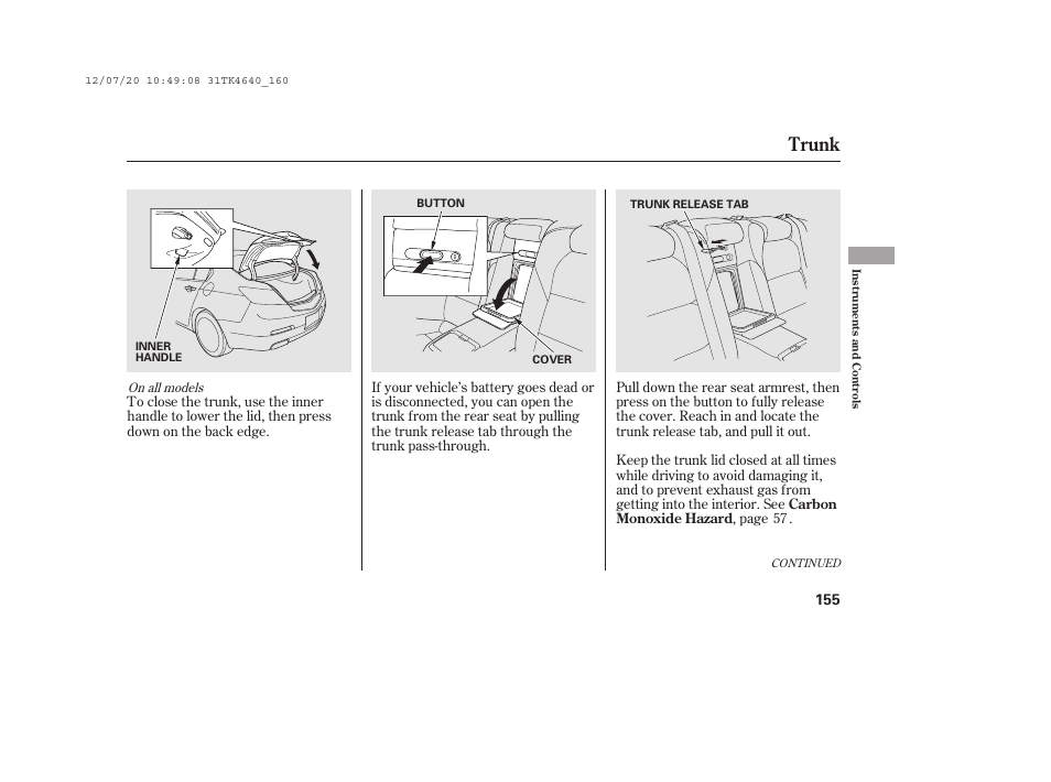 Trunk | Acura 2014 TL - Owner's Manual User Manual | Page 161 / 653