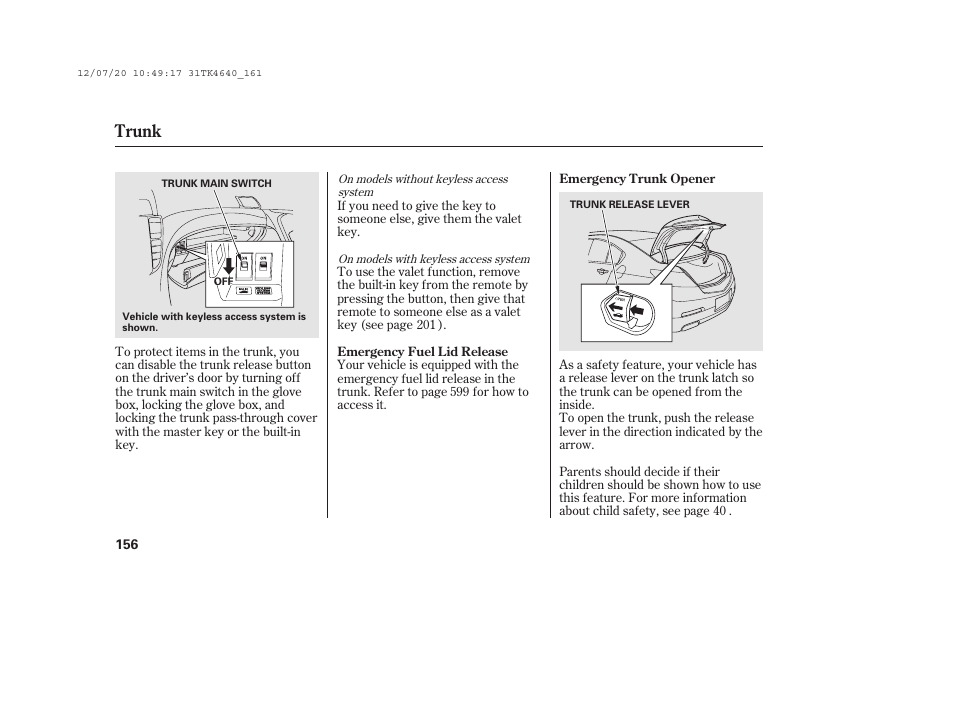 Trunk | Acura 2014 TL - Owner's Manual User Manual | Page 162 / 653