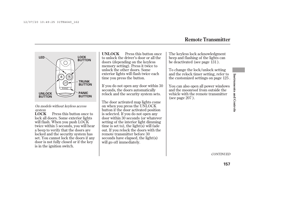 Remote transmitter | Acura 2014 TL - Owner's Manual User Manual | Page 163 / 653