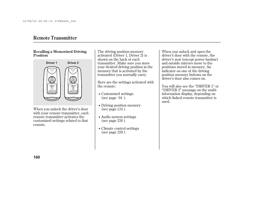 Remote transmitter | Acura 2014 TL - Owner's Manual User Manual | Page 166 / 653