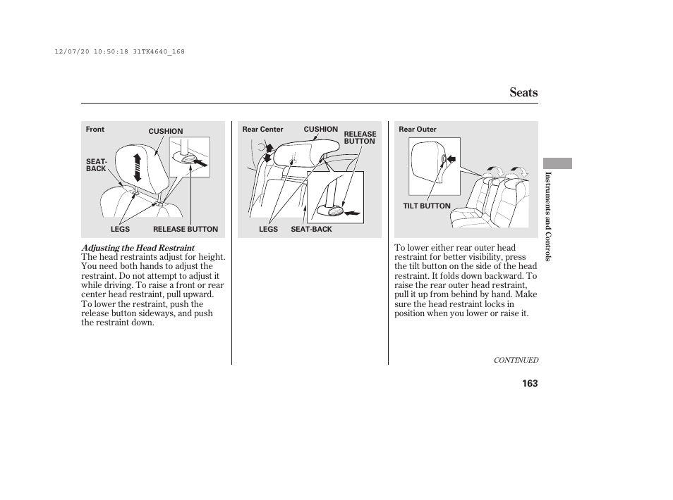 Seats | Acura 2014 TL - Owner's Manual User Manual | Page 169 / 653