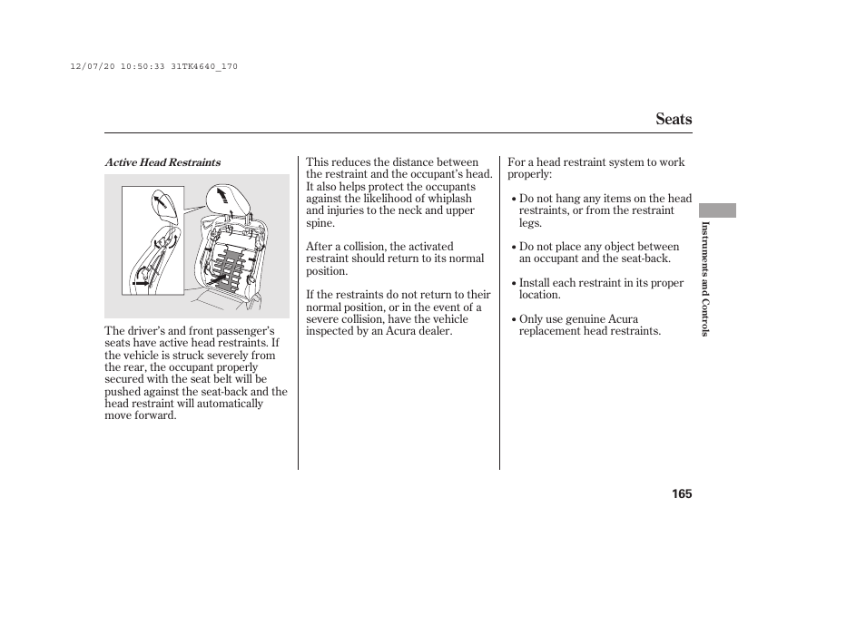 Seats | Acura 2014 TL - Owner's Manual User Manual | Page 171 / 653