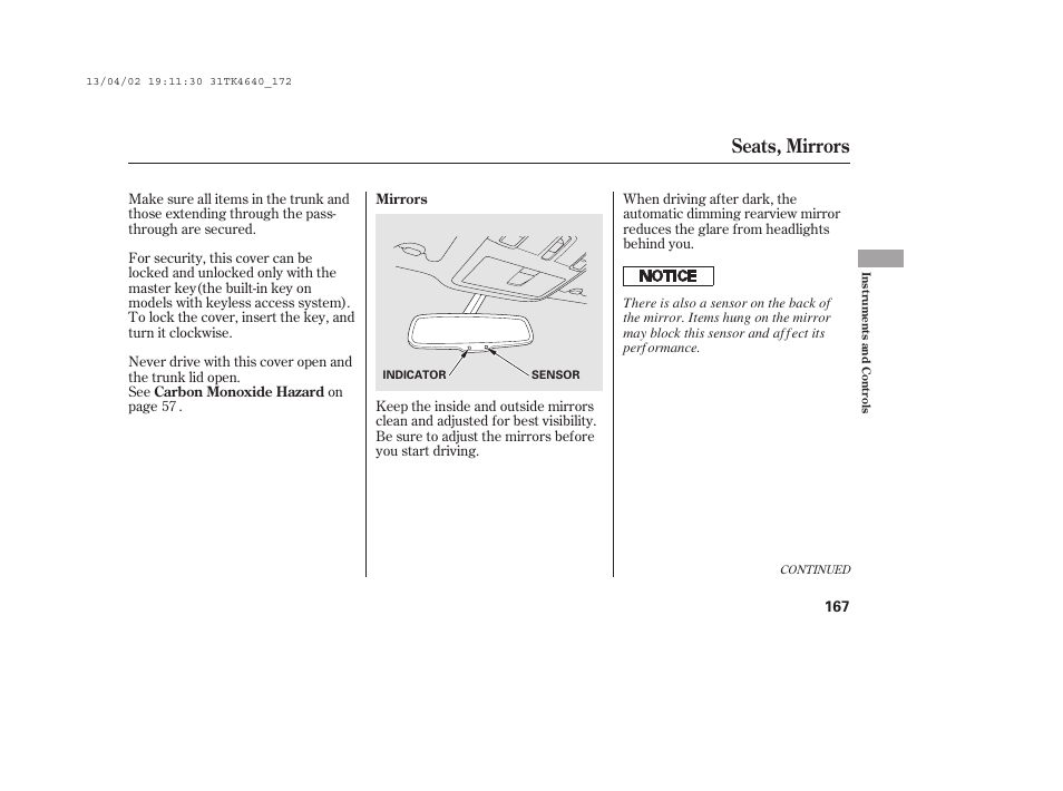 Seats, mirrors | Acura 2014 TL - Owner's Manual User Manual | Page 173 / 653