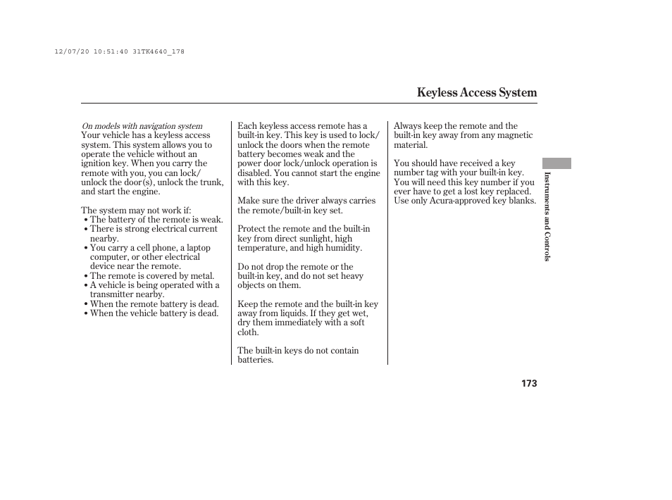 Keyless access system | Acura 2014 TL - Owner's Manual User Manual | Page 179 / 653