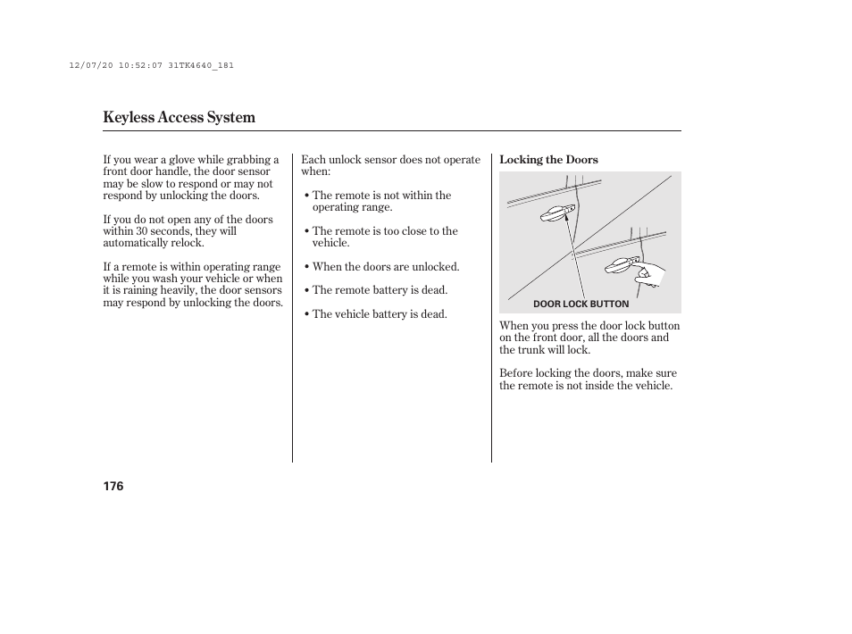 Keyless access system | Acura 2014 TL - Owner's Manual User Manual | Page 182 / 653