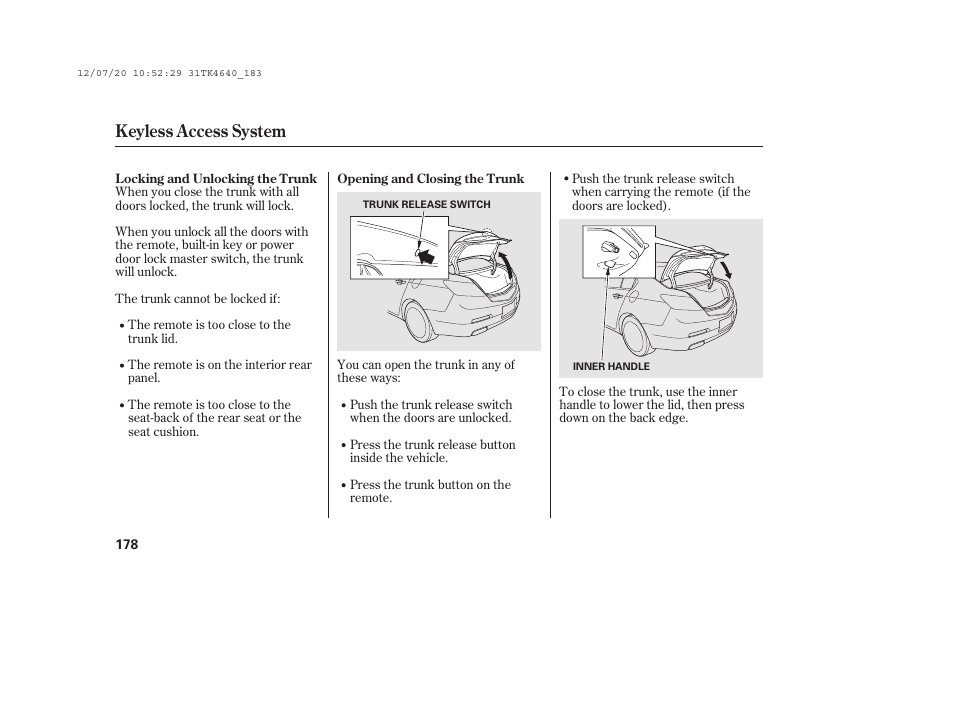 Keyless access system | Acura 2014 TL - Owner's Manual User Manual | Page 184 / 653