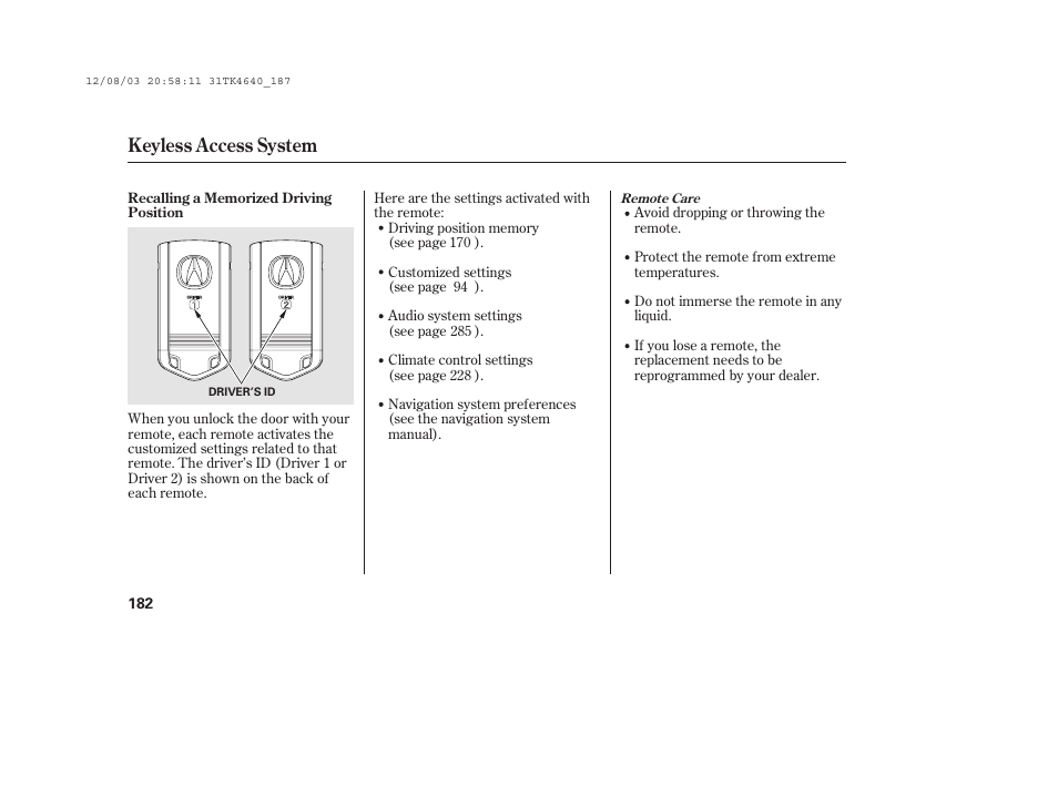 Keyless access system | Acura 2014 TL - Owner's Manual User Manual | Page 188 / 653