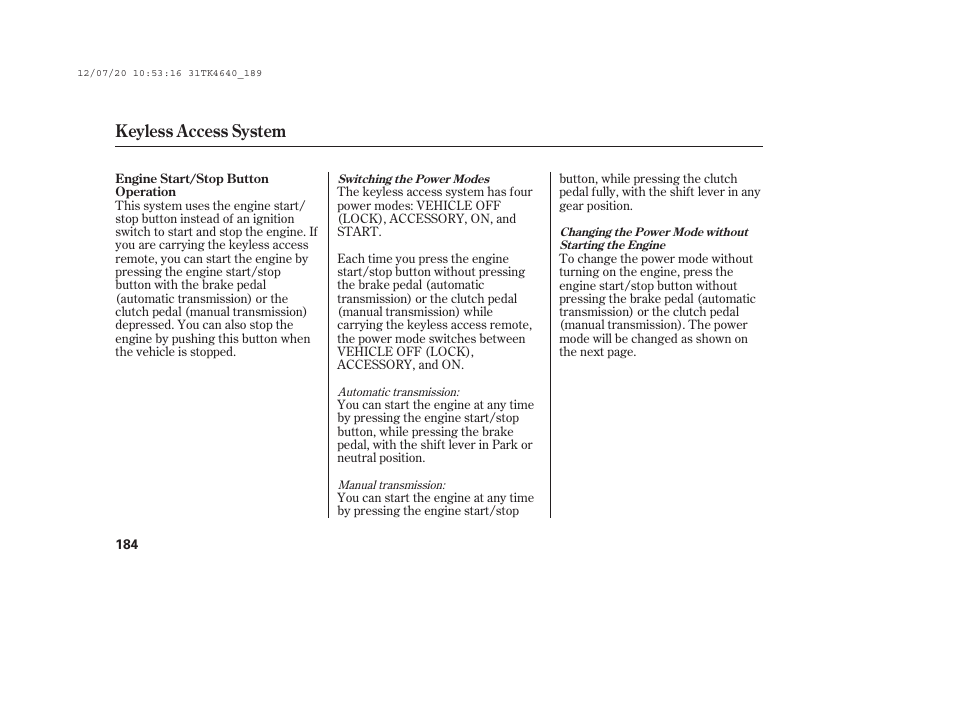 Keyless access system | Acura 2014 TL - Owner's Manual User Manual | Page 190 / 653