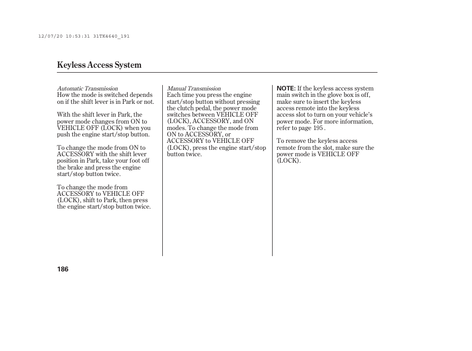 Keyless access system | Acura 2014 TL - Owner's Manual User Manual | Page 192 / 653