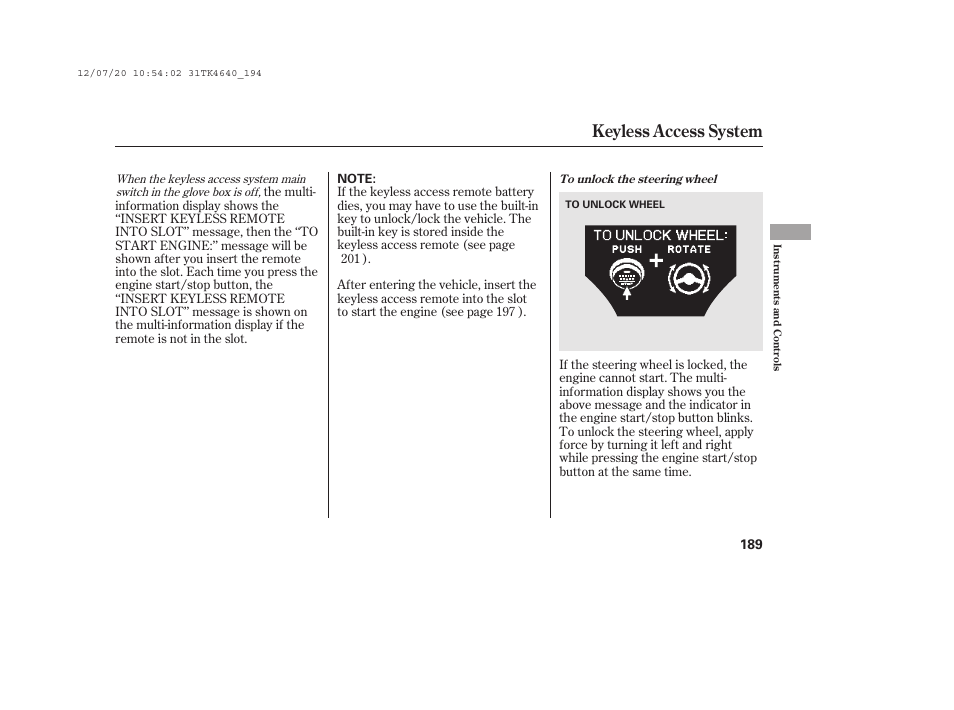 Keyless access system | Acura 2014 TL - Owner's Manual User Manual | Page 195 / 653