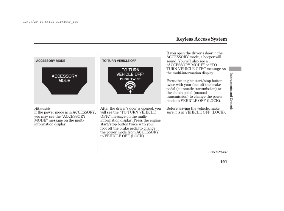 Keyless access system | Acura 2014 TL - Owner's Manual User Manual | Page 197 / 653