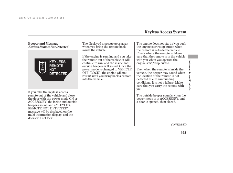 Keyless access system | Acura 2014 TL - Owner's Manual User Manual | Page 199 / 653