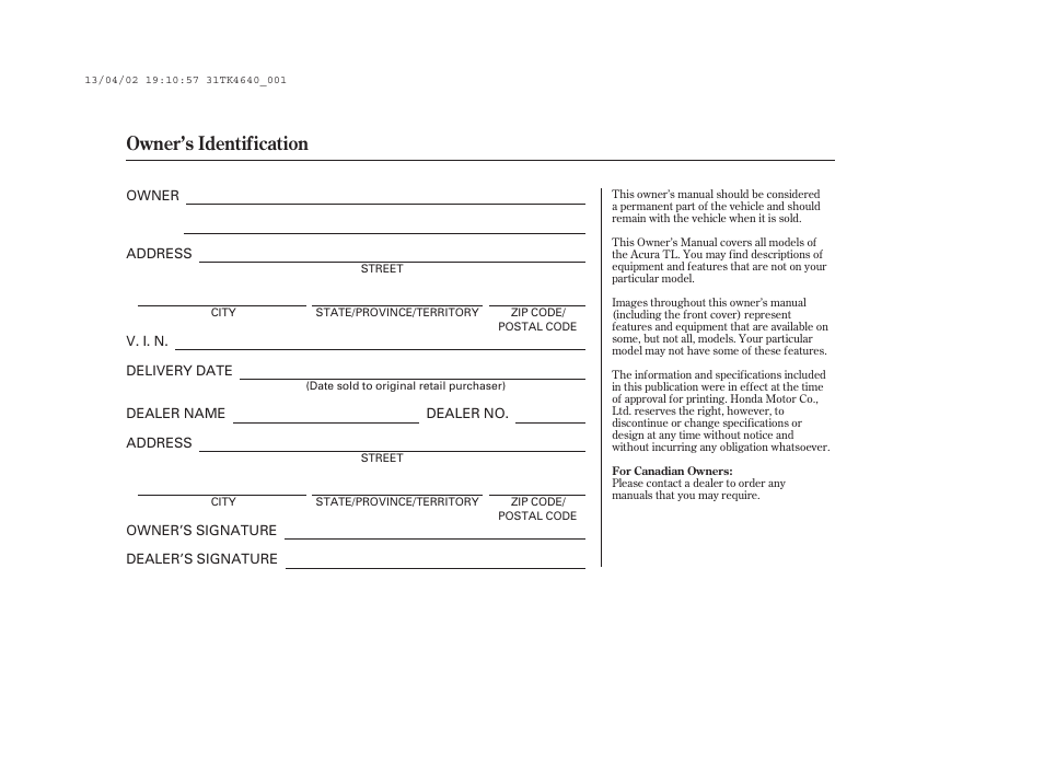 Owner’s identification | Acura 2014 TL - Owner's Manual User Manual | Page 2 / 653