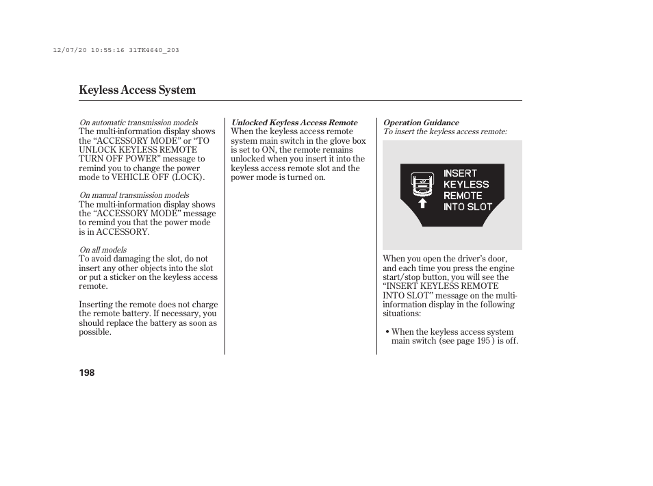 Keyless access system | Acura 2014 TL - Owner's Manual User Manual | Page 204 / 653