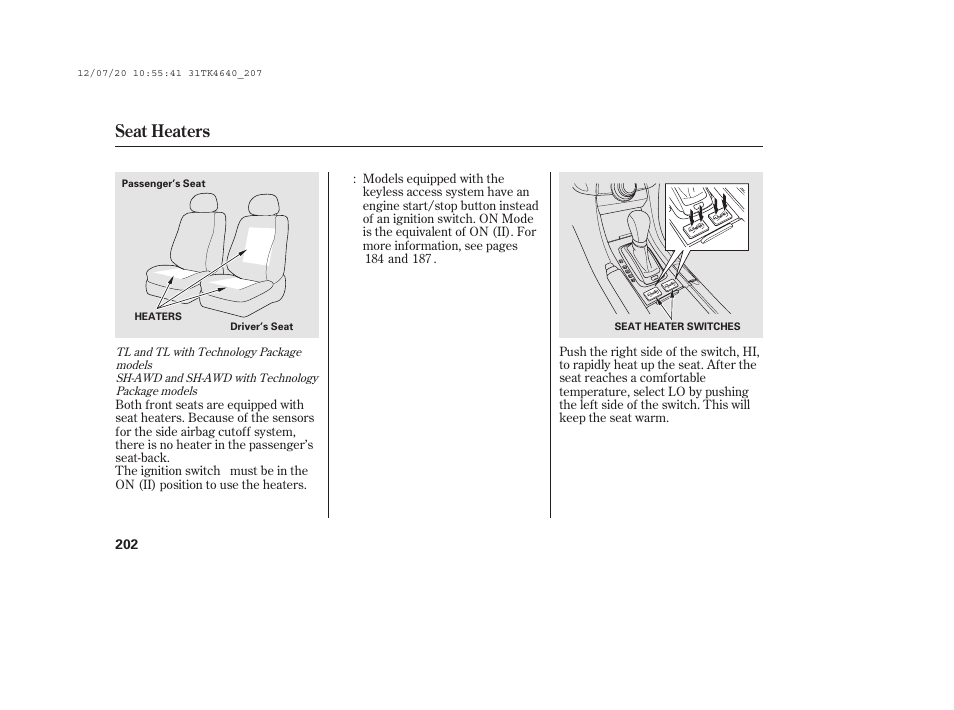 Seat heaters | Acura 2014 TL - Owner's Manual User Manual | Page 208 / 653