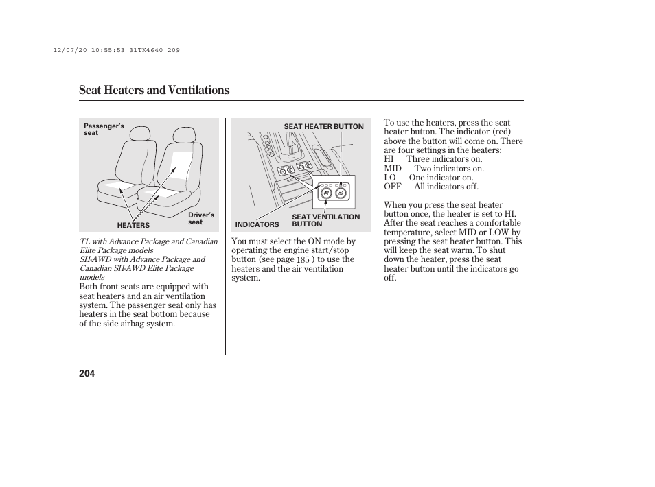 Seat heaters and ventilations | Acura 2014 TL - Owner's Manual User Manual | Page 210 / 653