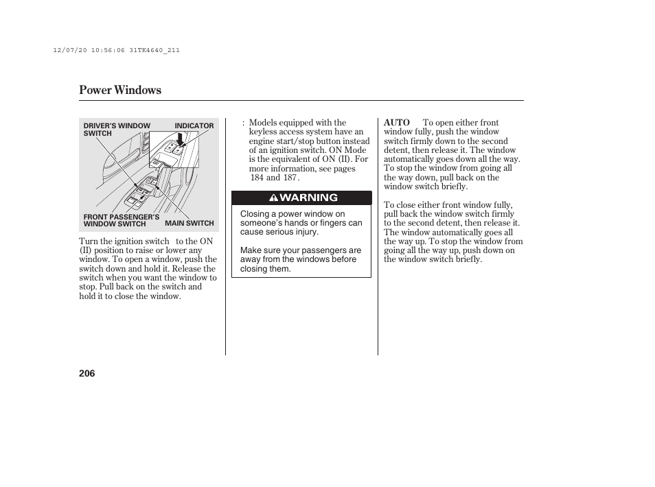 Power windows | Acura 2014 TL - Owner's Manual User Manual | Page 212 / 653