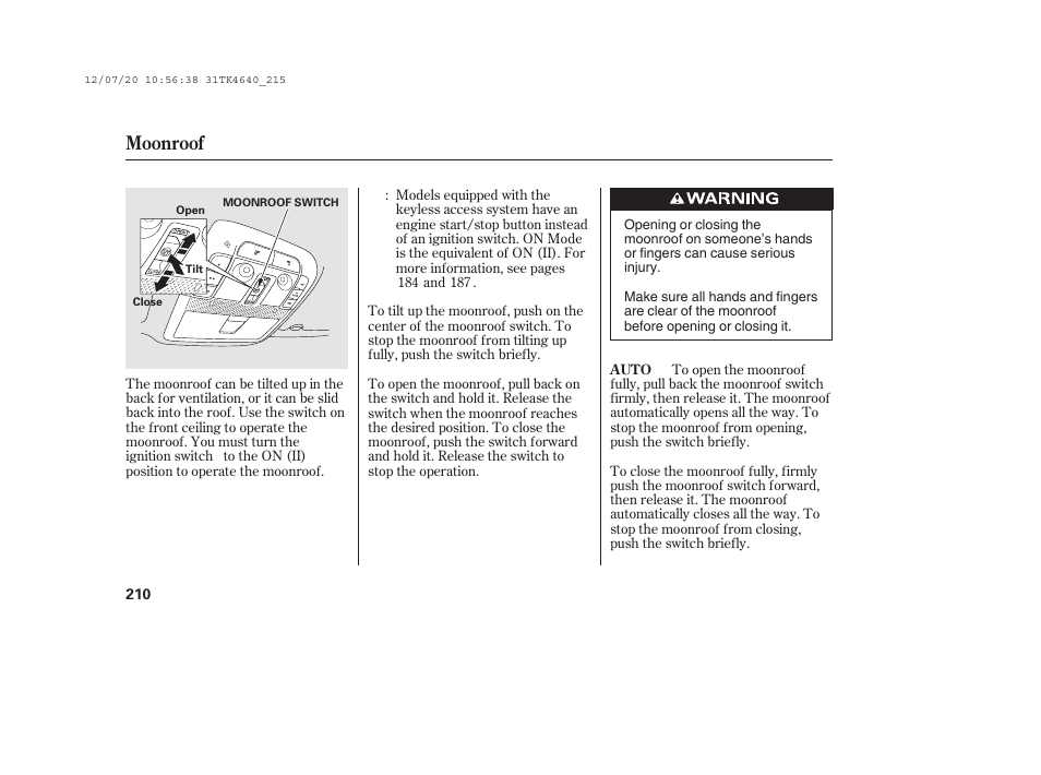 Moonroof | Acura 2014 TL - Owner's Manual User Manual | Page 216 / 653