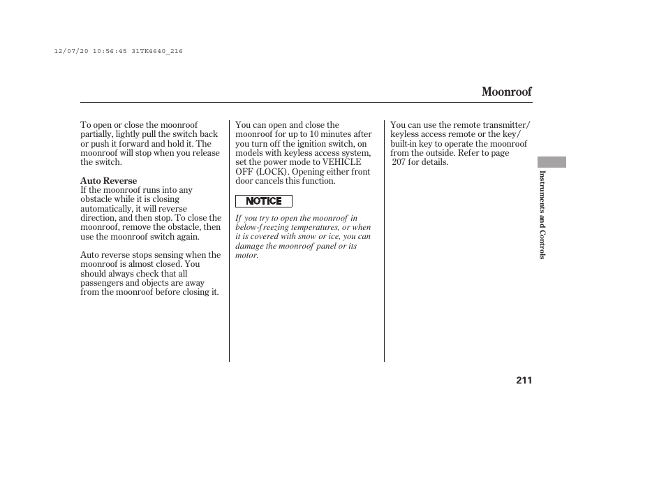 Moonroof | Acura 2014 TL - Owner's Manual User Manual | Page 217 / 653