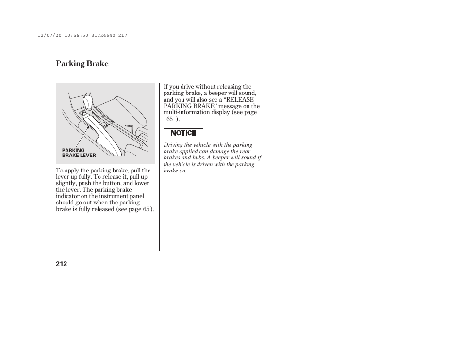 Parking brake | Acura 2014 TL - Owner's Manual User Manual | Page 218 / 653