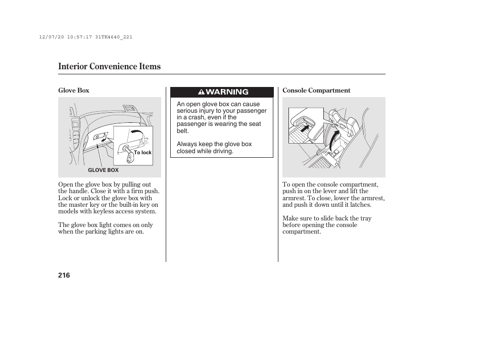 Interior convenience items | Acura 2014 TL - Owner's Manual User Manual | Page 222 / 653