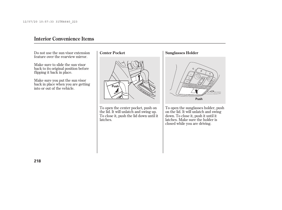 Interior convenience items | Acura 2014 TL - Owner's Manual User Manual | Page 224 / 653