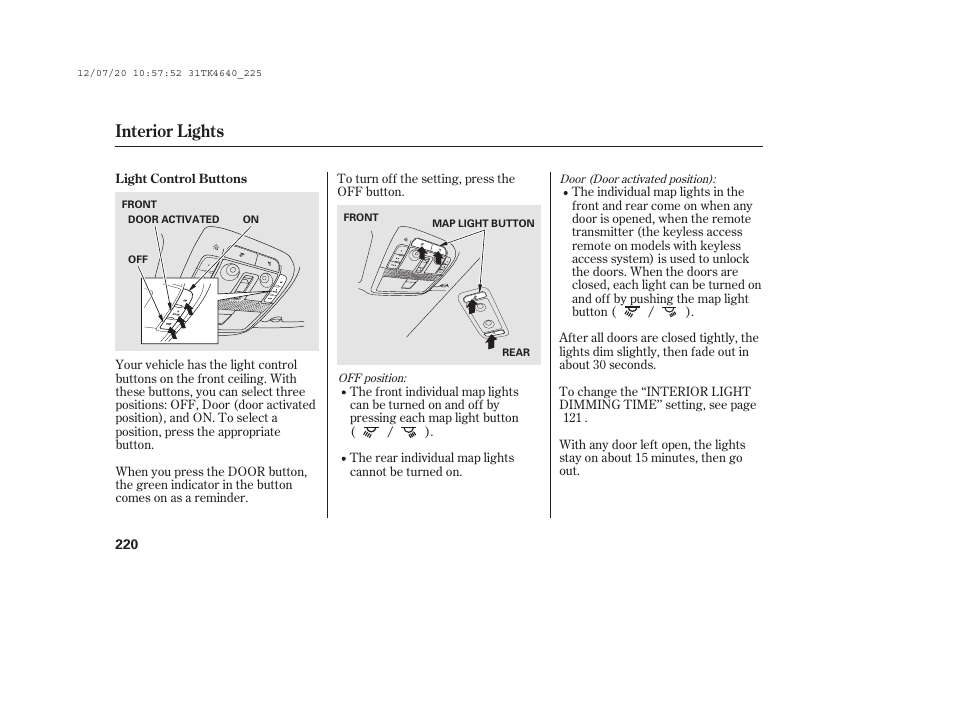 Interior lights | Acura 2014 TL - Owner's Manual User Manual | Page 226 / 653