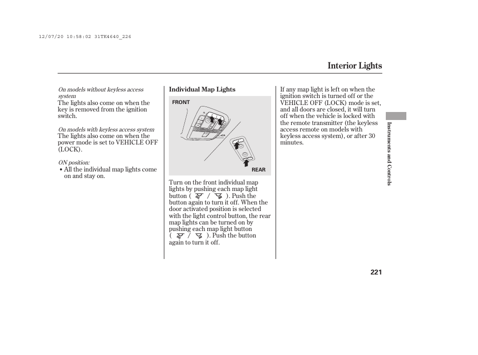 Interior lights | Acura 2014 TL - Owner's Manual User Manual | Page 227 / 653