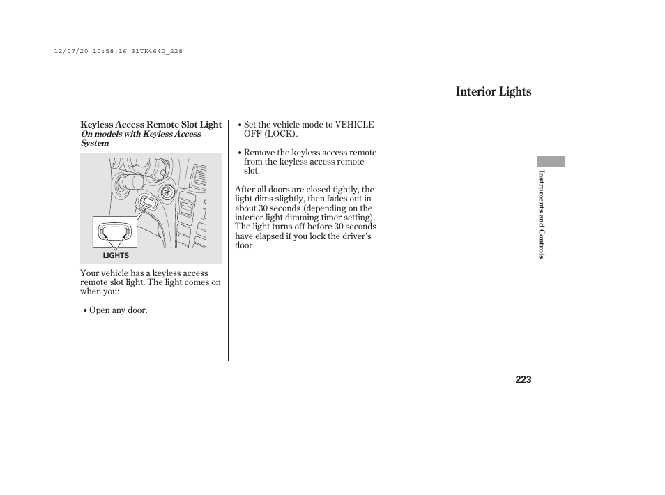 Interior lights | Acura 2014 TL - Owner's Manual User Manual | Page 229 / 653