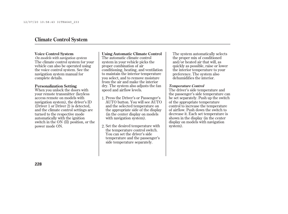 Climate control system | Acura 2014 TL - Owner's Manual User Manual | Page 234 / 653