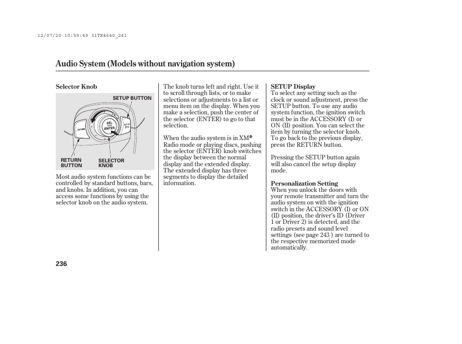 Audio system (models without navigation system) | Acura 2014 TL - Owner's Manual User Manual | Page 242 / 653